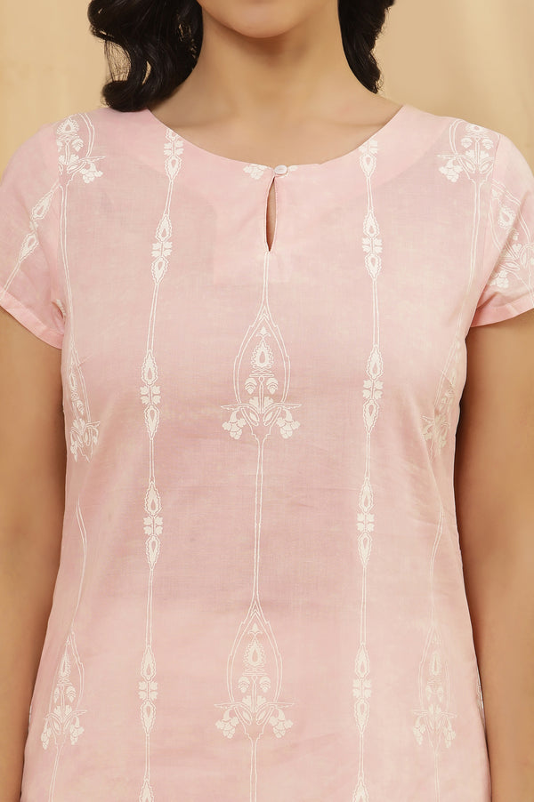 Light Pink Printed Straight Kurta And White Slim Pants