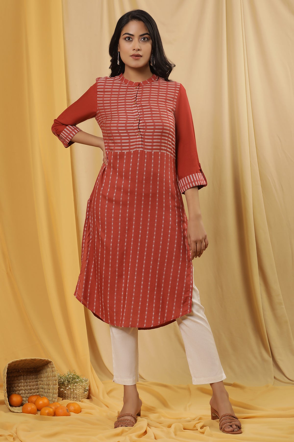 Red Printed Dobby Kurta And Pants Set - XS