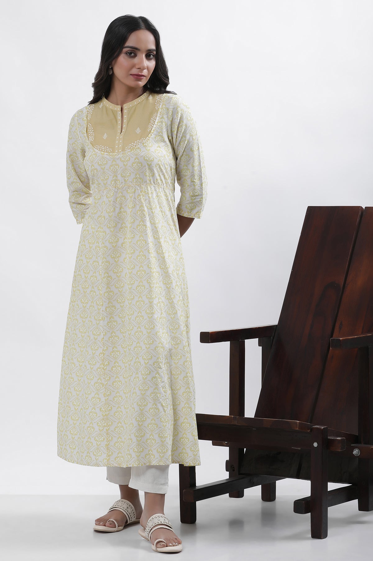 Pale Yellow Printed Dress And Pants Set - XS