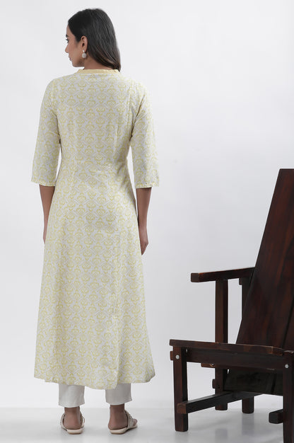 Pale Yellow Printed Dress And Pants Set