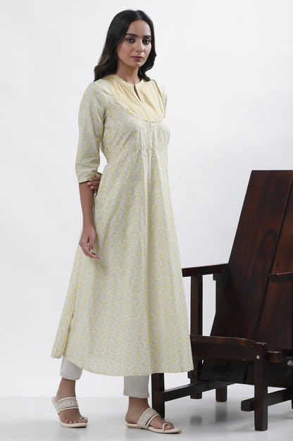 Pale Yellow Printed Dress And Pants Set