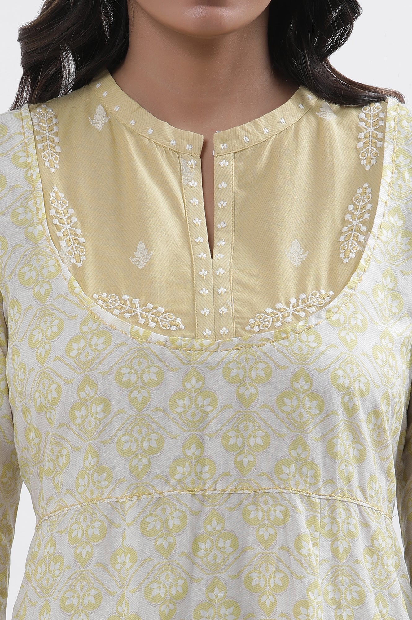 Pale Yellow Printed Dress And Pants Set