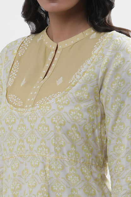 Pale Yellow Printed Dress And Pants Set