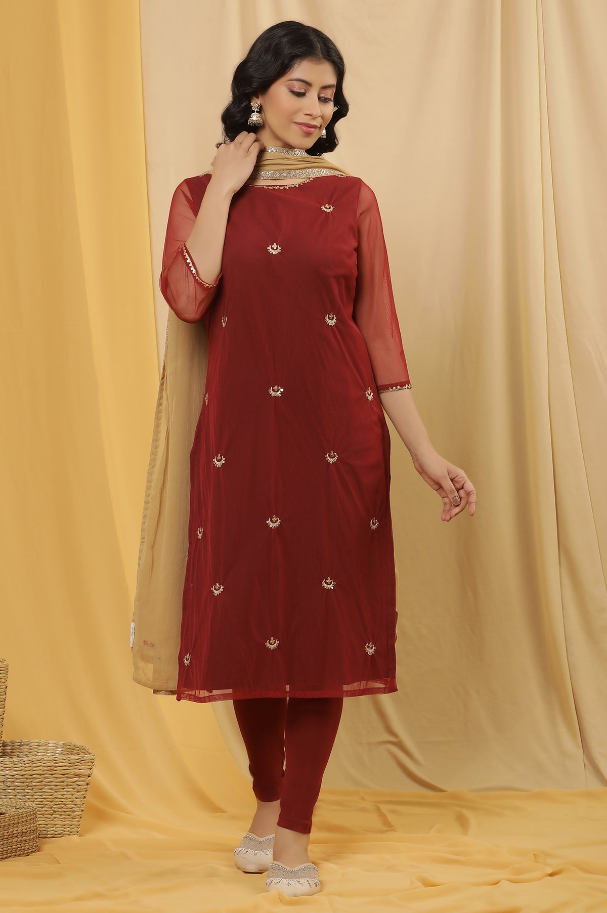 Dark Red Embroidered Kurta, Tights And Dupatta Set - XS