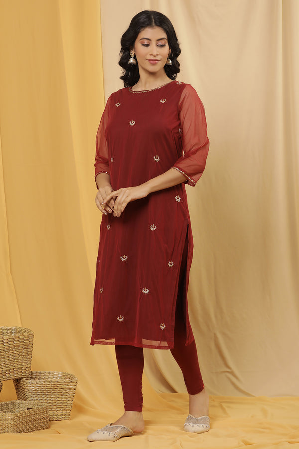 Dark Red Embroidered Kurta, Tights And Dupatta Set