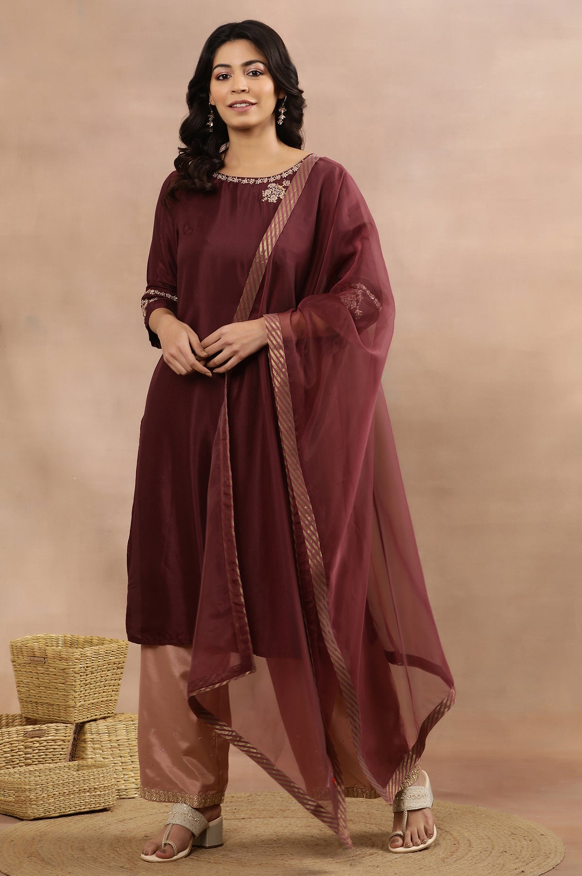 Wine Embroidered Kurta, Pink Flared Pants And Dupatta Set - XS