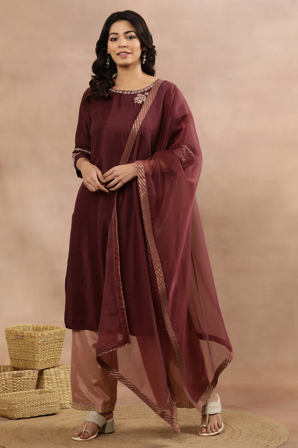 Wine Embroidered Kurta, Pink Flared Pants And Dupatta Set