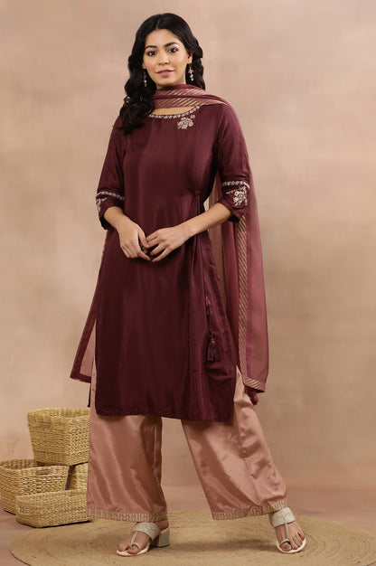 Wine Embroidered Kurta, Pink Flared Pants And Dupatta Set