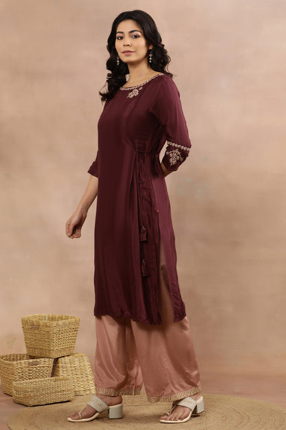 Wine Embroidered Kurta, Pink Flared Pants And Dupatta Set