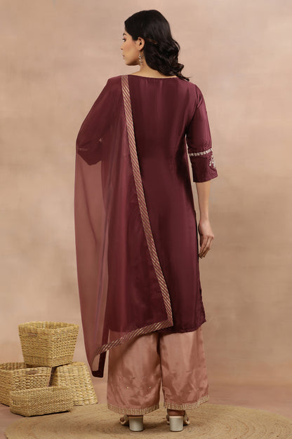 Wine Embroidered Kurta, Pink Flared Pants And Dupatta Set