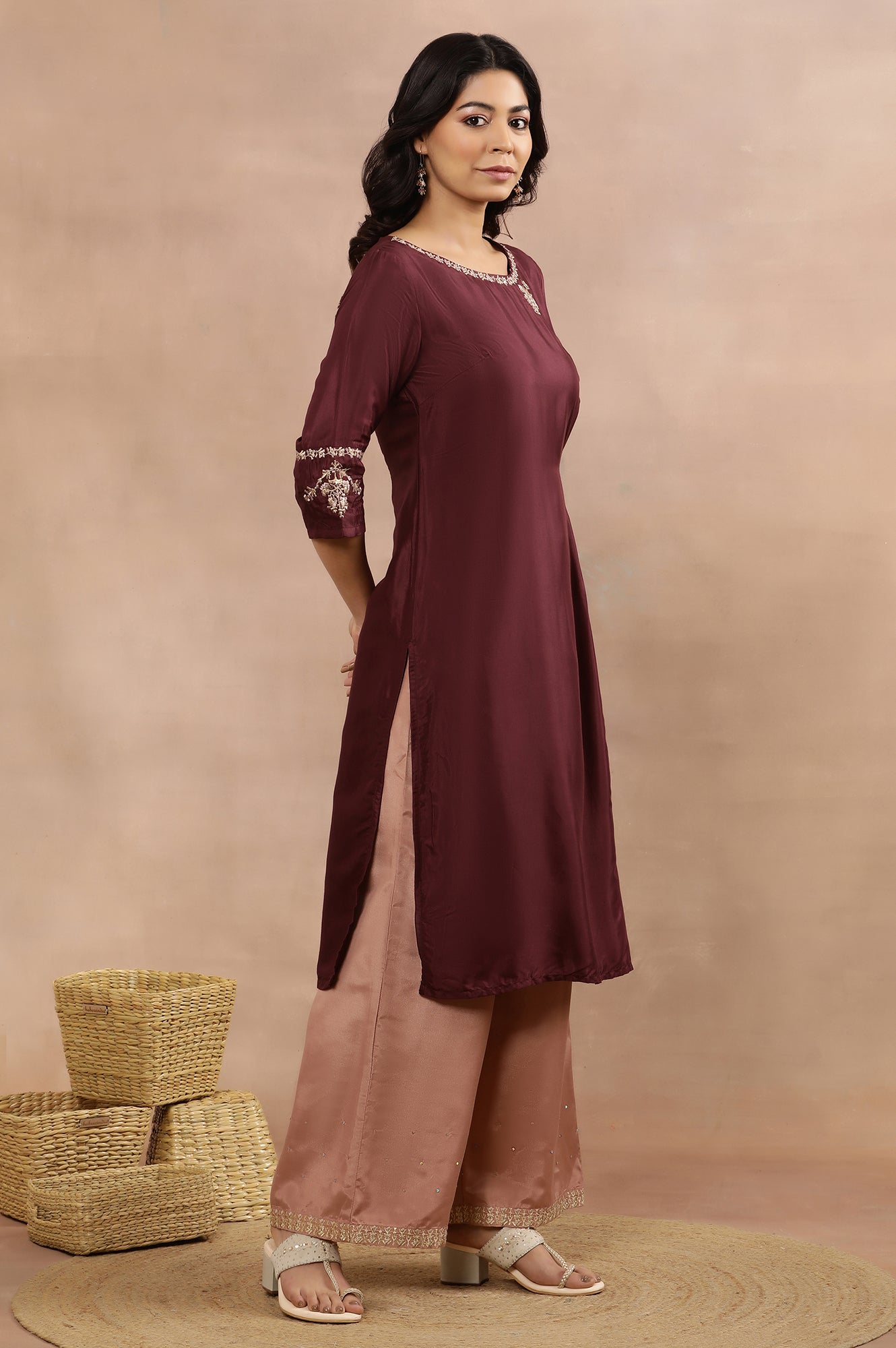 Wine Embroidered Kurta, Pink Flared Pants And Dupatta Set