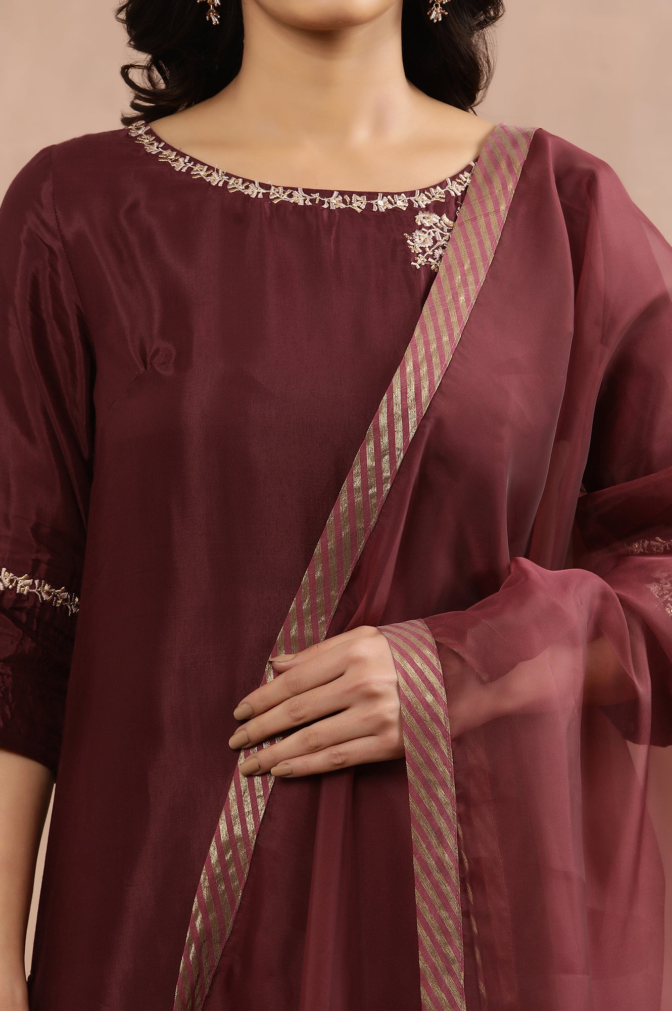 Wine Embroidered Kurta, Pink Flared Pants And Dupatta Set