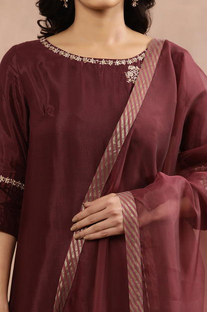 Wine Embroidered Kurta, Pink Flared Pants And Dupatta Set