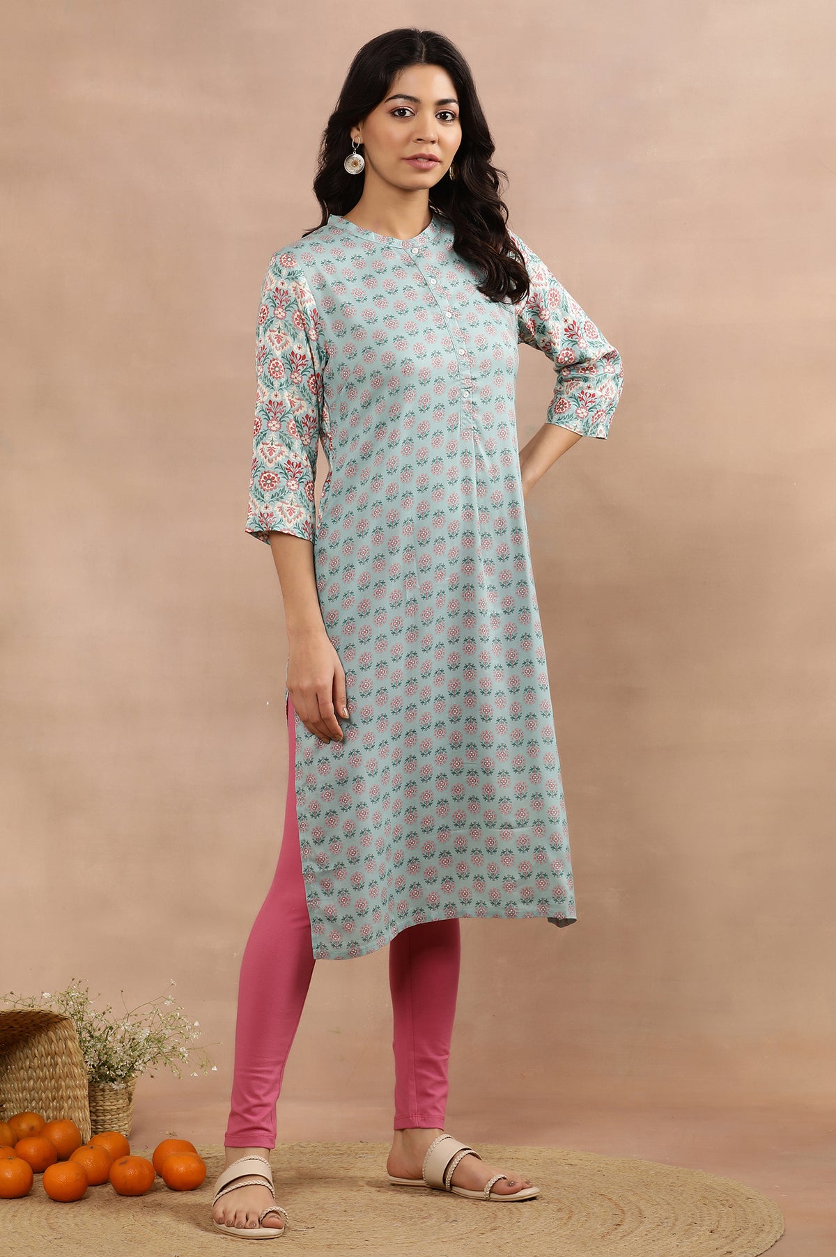 Blue Button Down Printed Kurta And Tights Set - XS