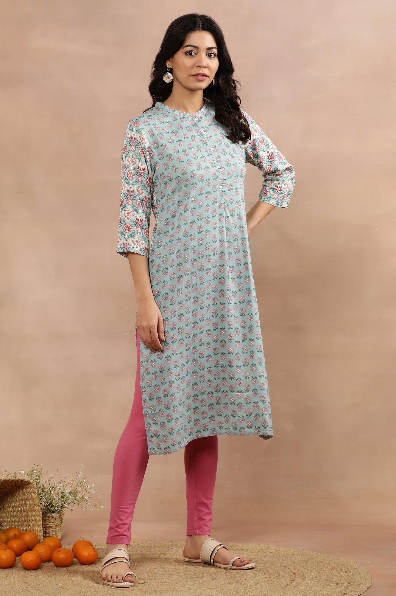 Blue Button Down Printed Kurta And Tights Set