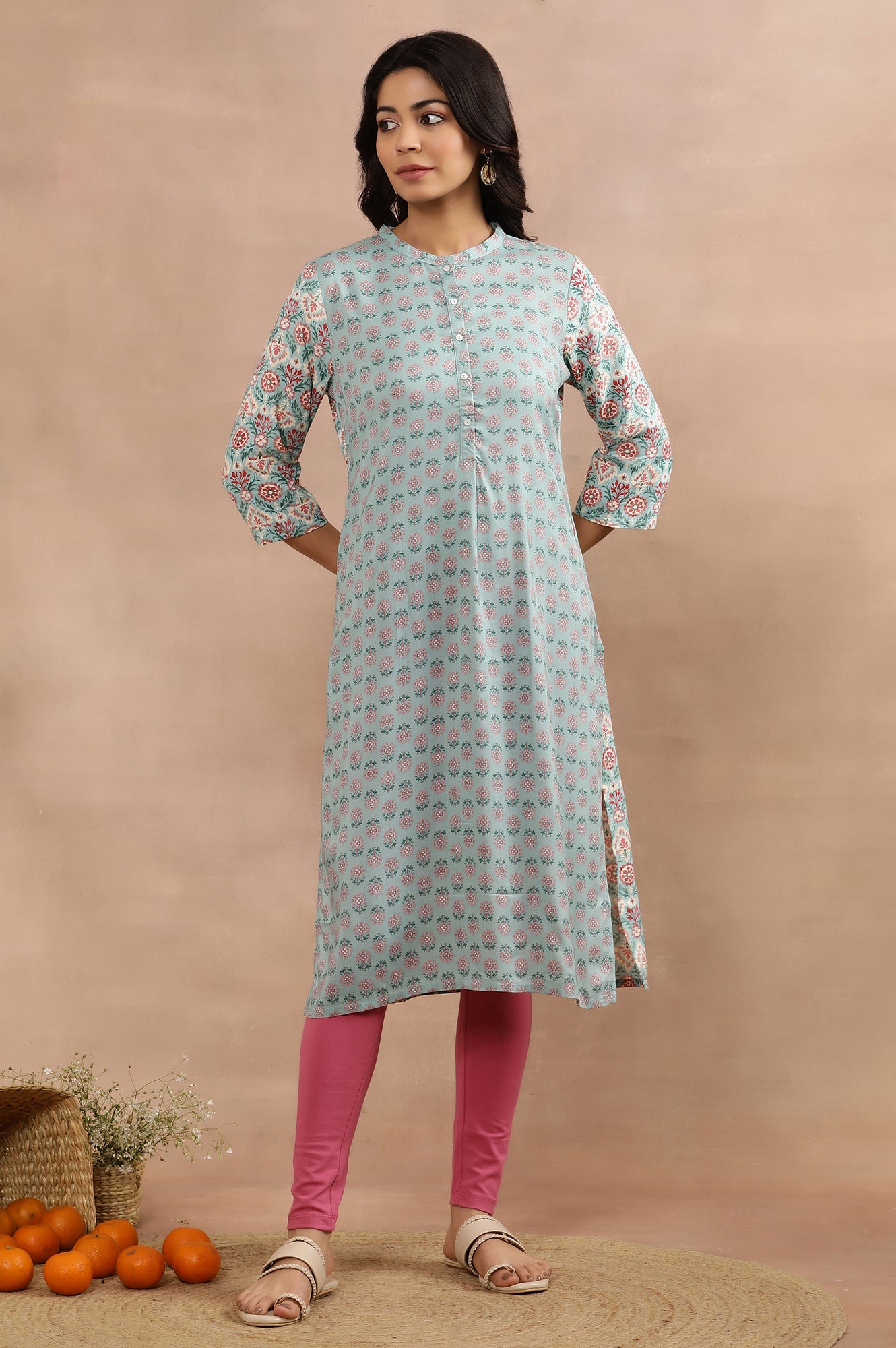 Blue Button Down Printed Kurta And Tights Set