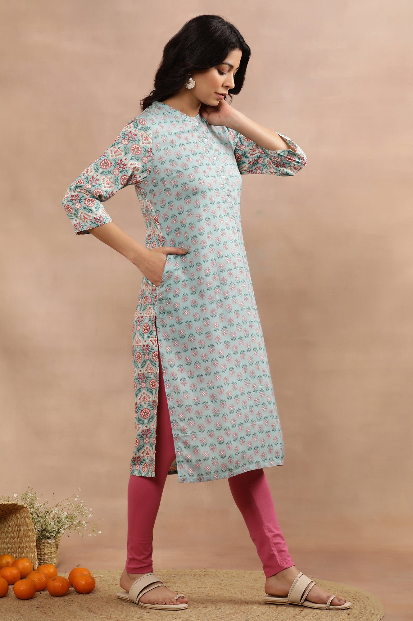 Blue Button Down Printed Kurta And Tights Set