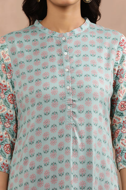 Blue Button Down Printed Kurta And Tights Set