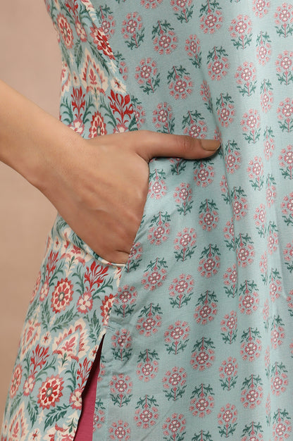 Blue Button Down Printed Kurta And Tights Set