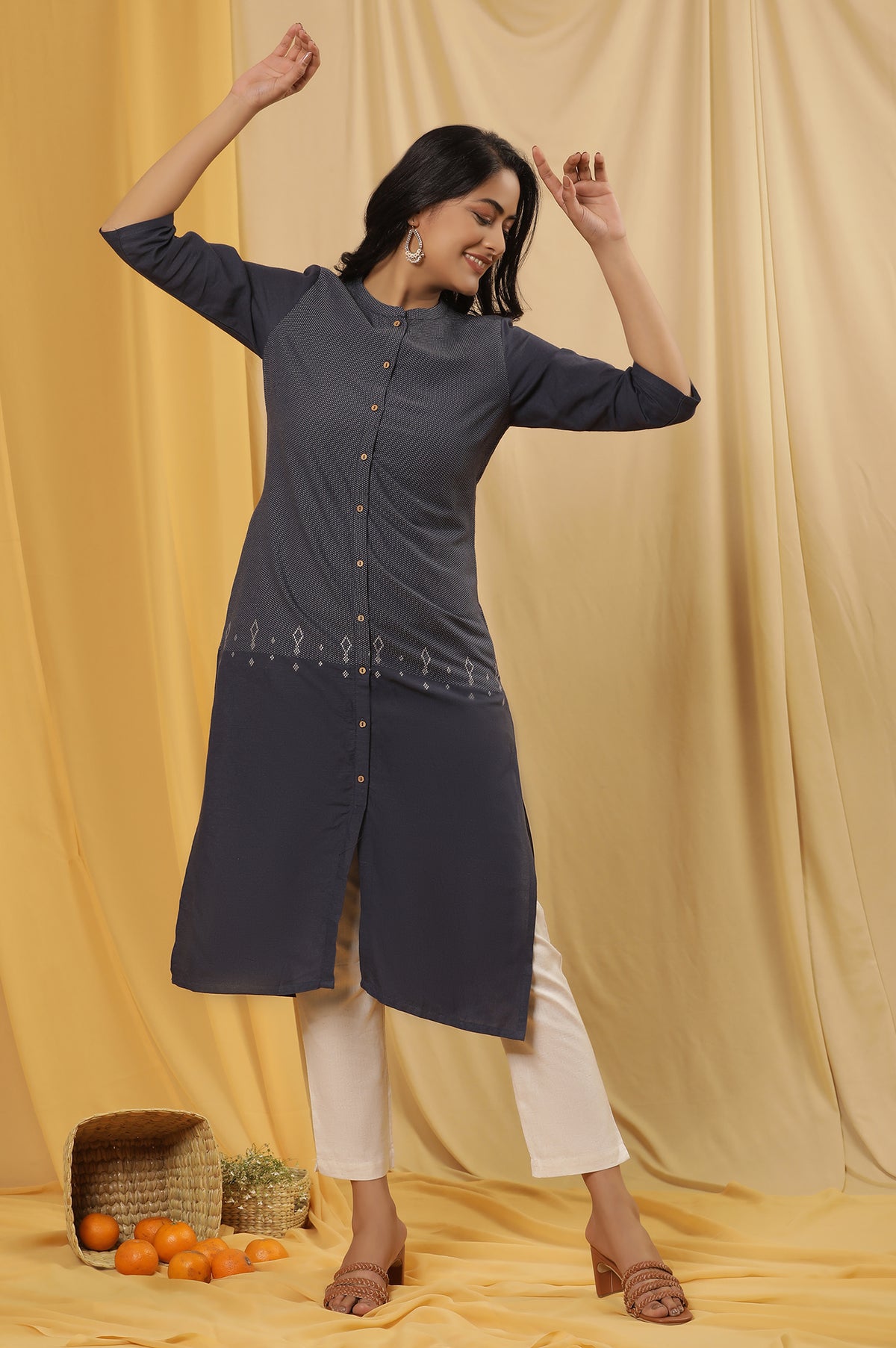 Navy Blue Printed Straight Kurta And Pants Set - XS