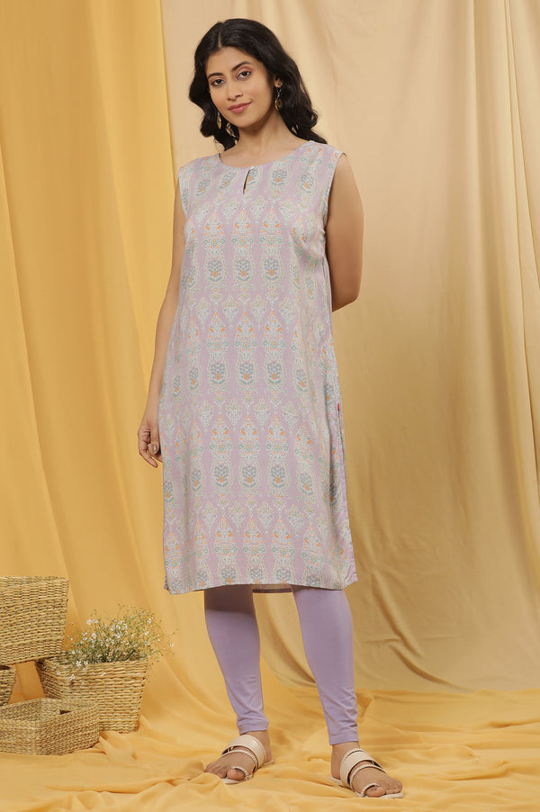 Purple Printed Sleeveless Kurta And Tights Set