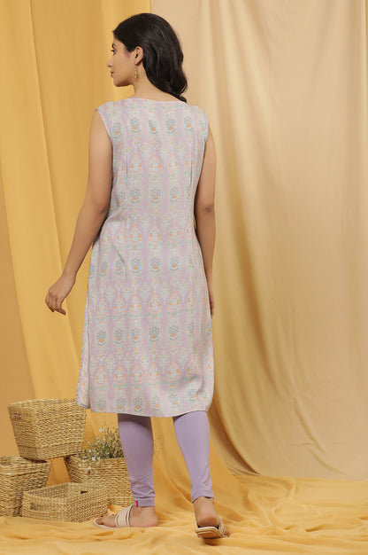 Purple Printed Sleeveless Kurta And Tights Set