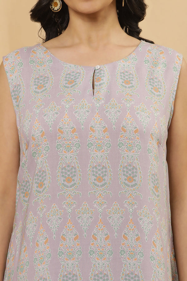 Purple Printed Sleeveless Kurta And Tights Set