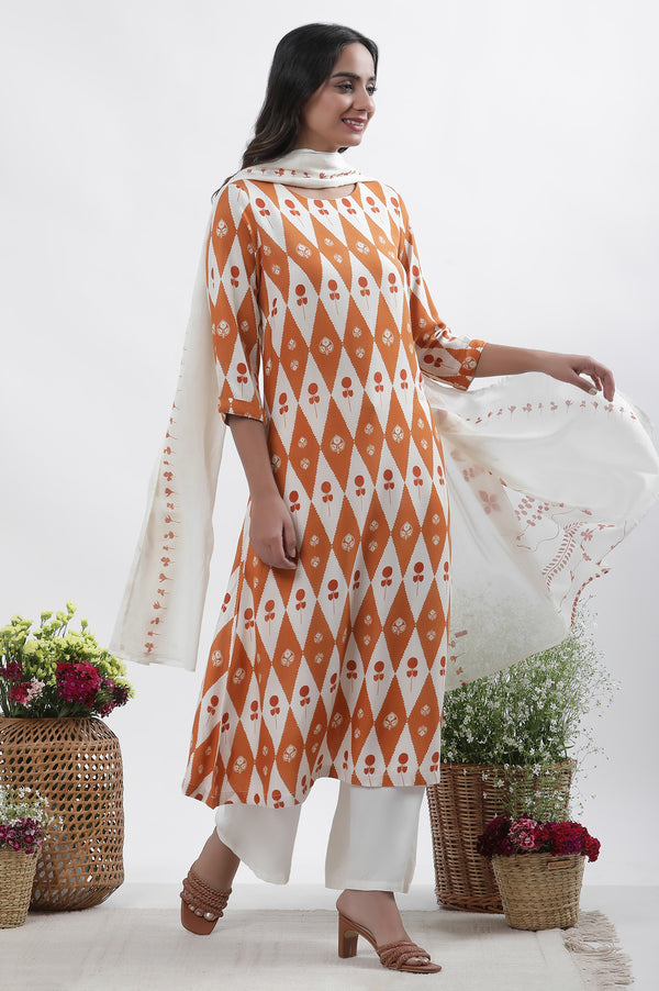 Orange & White Printed Kurta, Pants And Dupatta Set