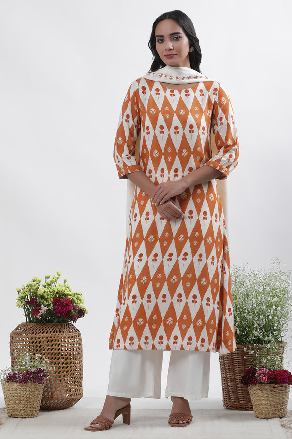 Orange & White Printed Kurta, Pants And Dupatta Set