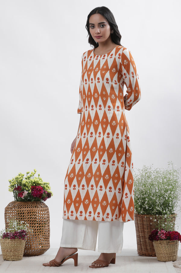 Orange & White Printed Kurta, Pants And Dupatta Set