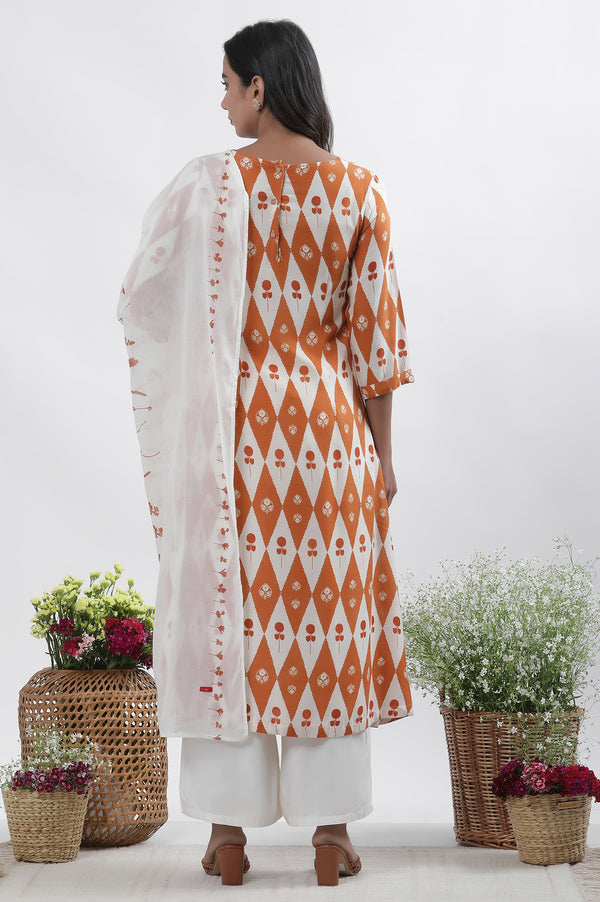 Orange & White Printed Kurta, Pants And Dupatta Set