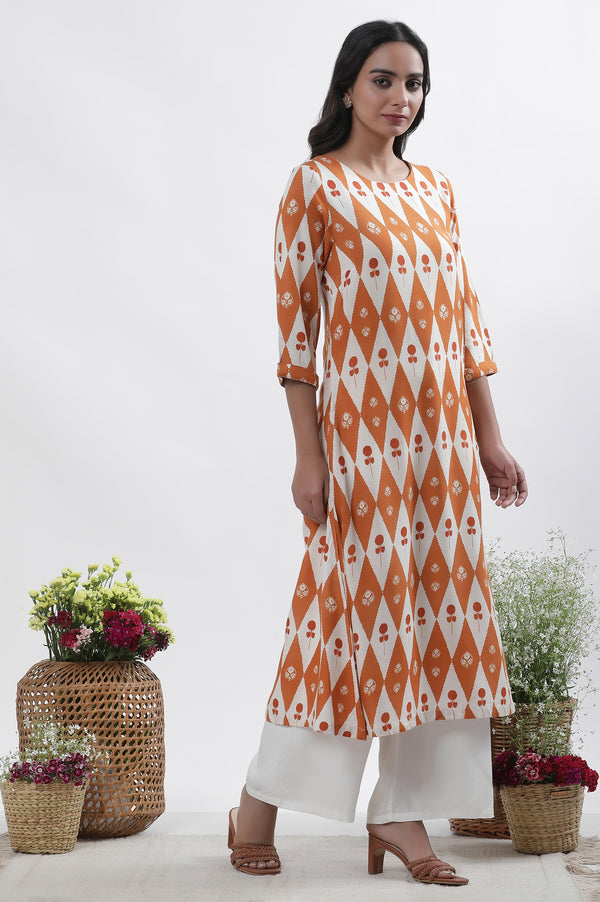 Orange & White Printed Kurta, Pants And Dupatta Set