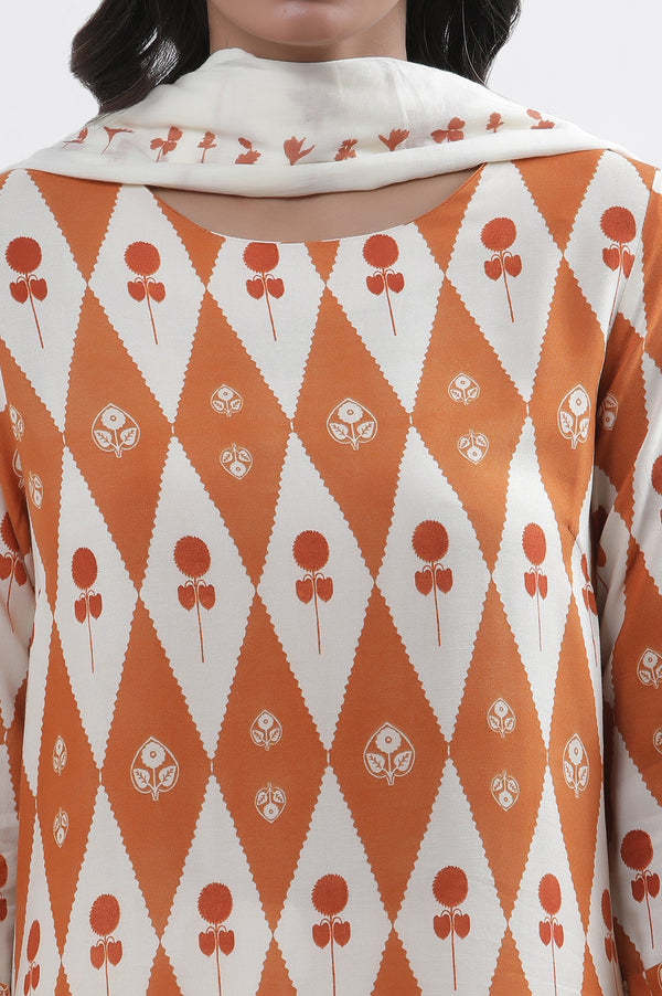 Orange & White Printed Kurta, Pants And Dupatta Set