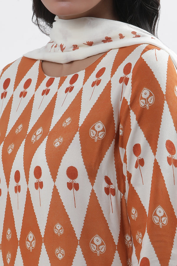 Orange & White Printed Kurta, Pants And Dupatta Set