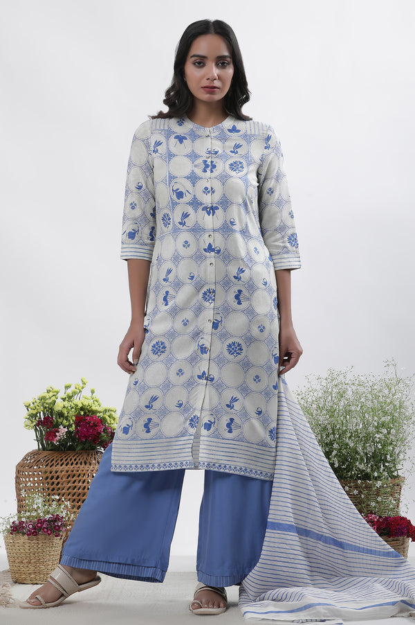 White & Blue Printed Kurta, Parallel Pants And Dupatta Set