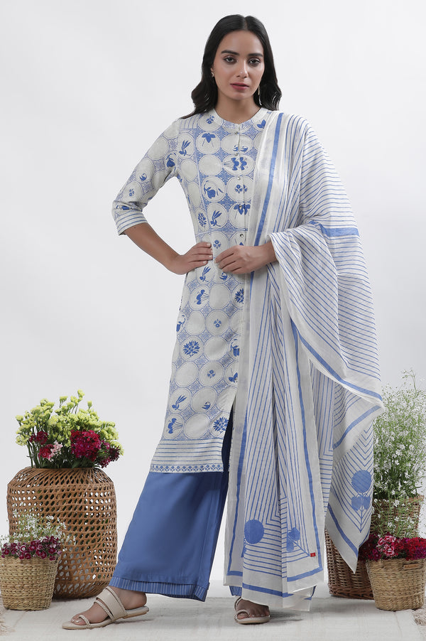 White & Blue Printed Kurta, Parallel Pants And Dupatta Set
