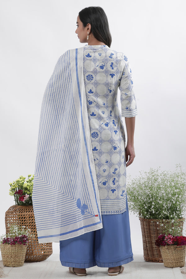 White & Blue Printed Kurta, Parallel Pants And Dupatta Set