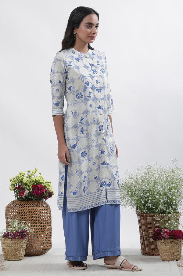 White & Blue Printed Kurta, Parallel Pants And Dupatta Set