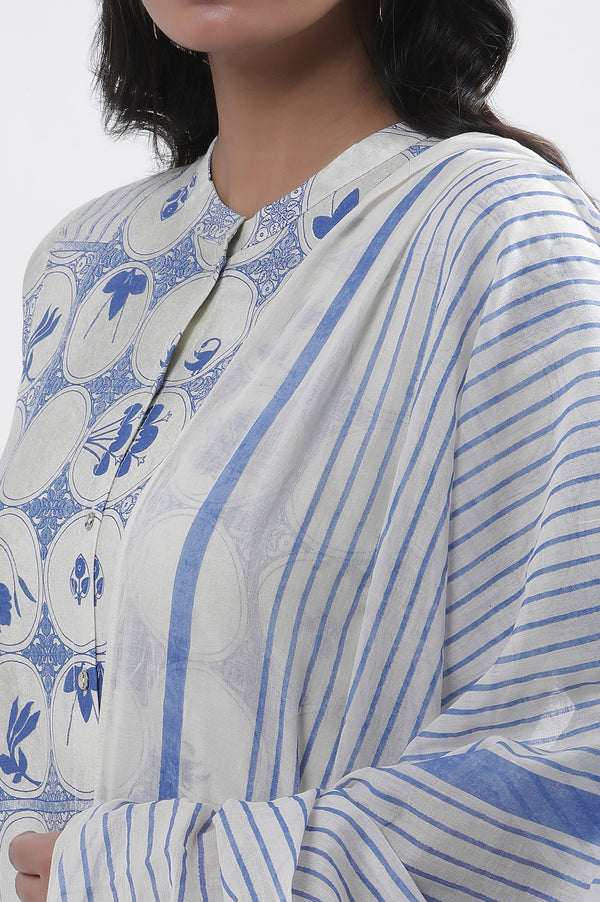White & Blue Printed Kurta, Parallel Pants And Dupatta Set