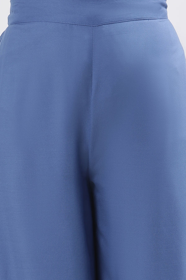 White & Blue Printed Kurta, Parallel Pants And Dupatta Set