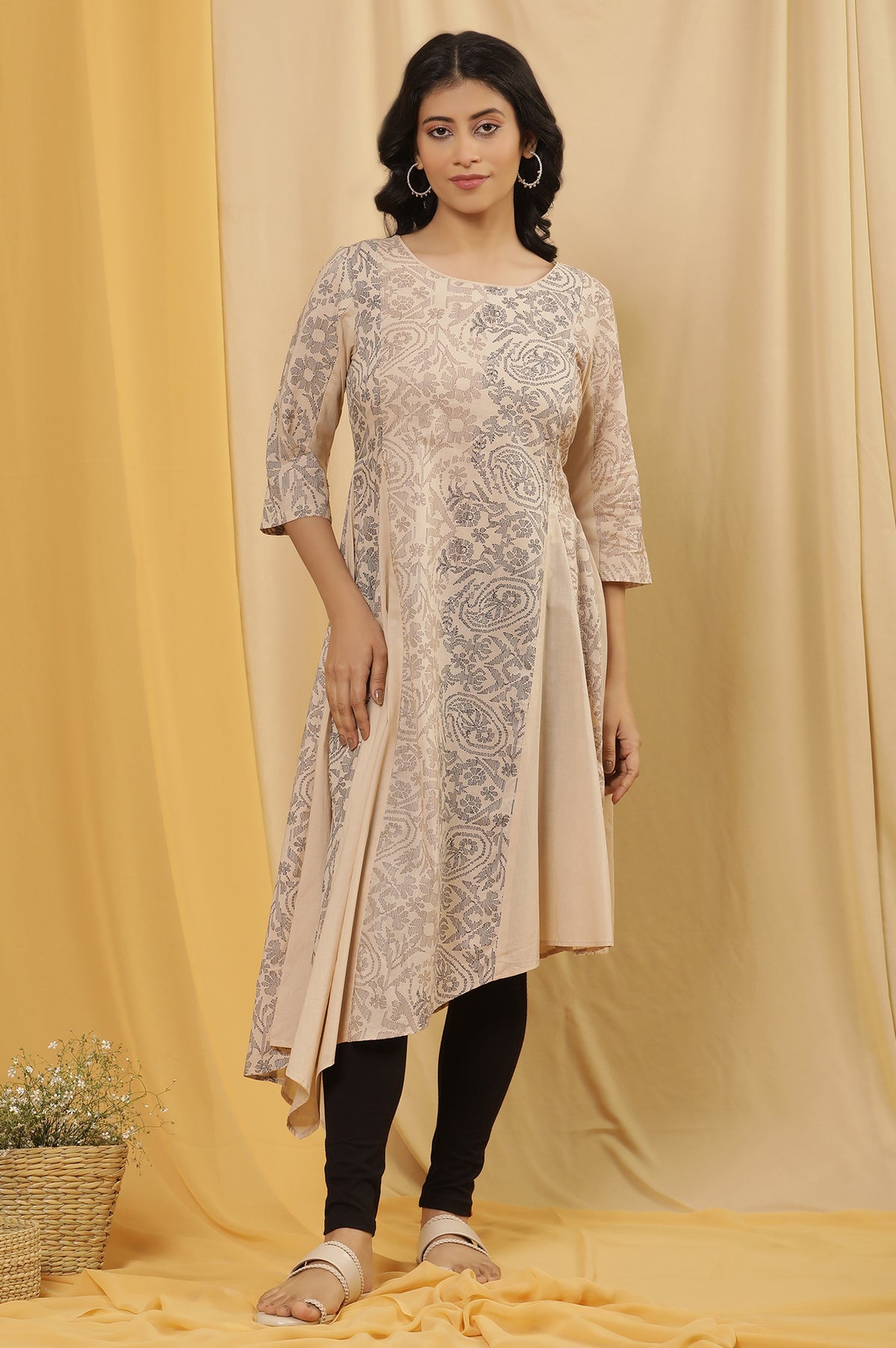 Beige Printed Asymmetrical Kurta And Tights Set - XS
