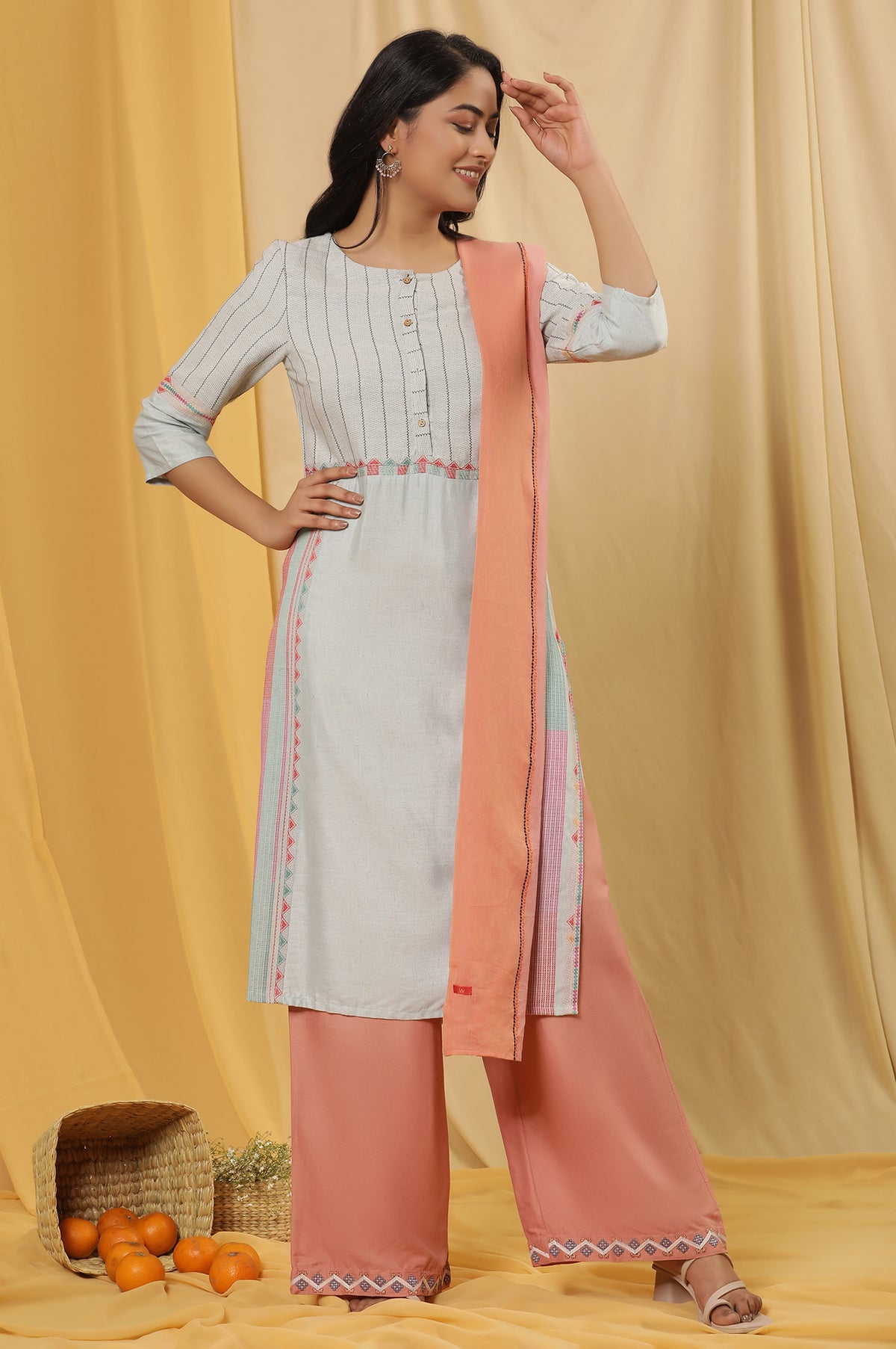 Pale Blue Cotton Dobby Kurta, Parallel Pants And Dupatta Set - XL