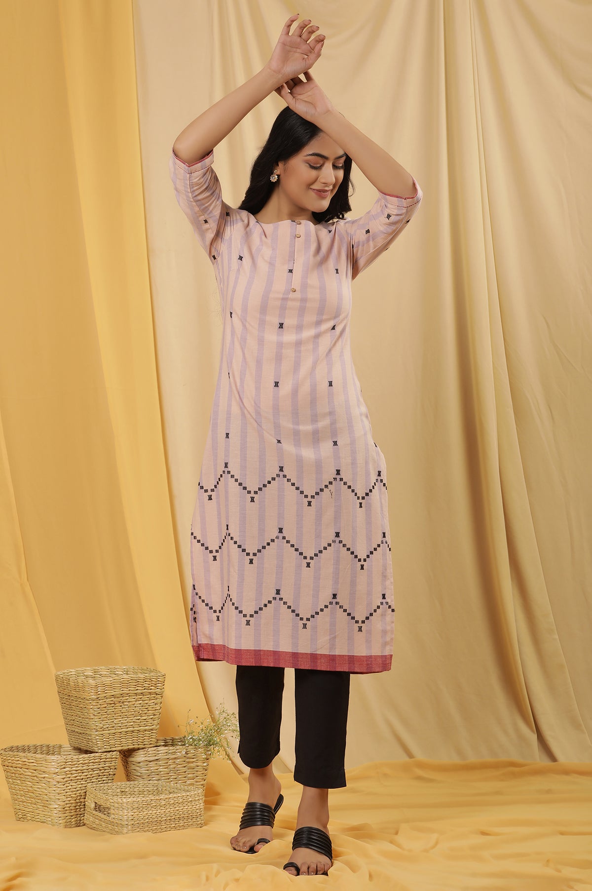 Peach Striped Cotton Kurta And Trousers Set - XS