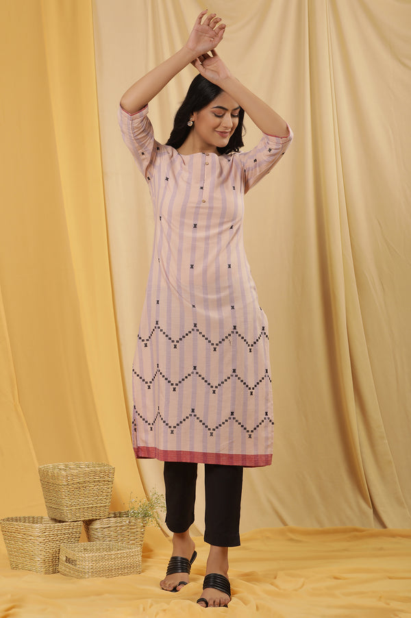 Peach Striped Cotton Kurta And Trousers Set