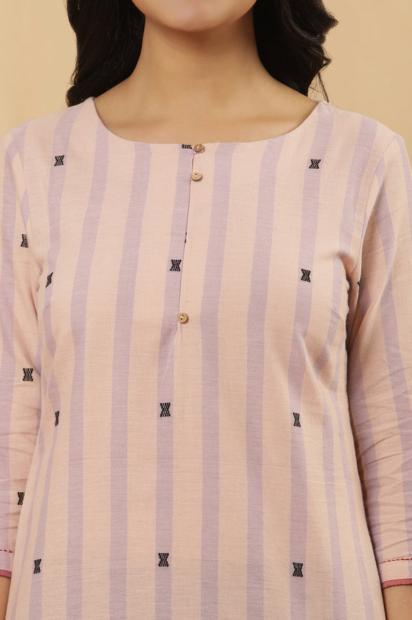 Peach Striped Cotton Kurta And Trousers Set
