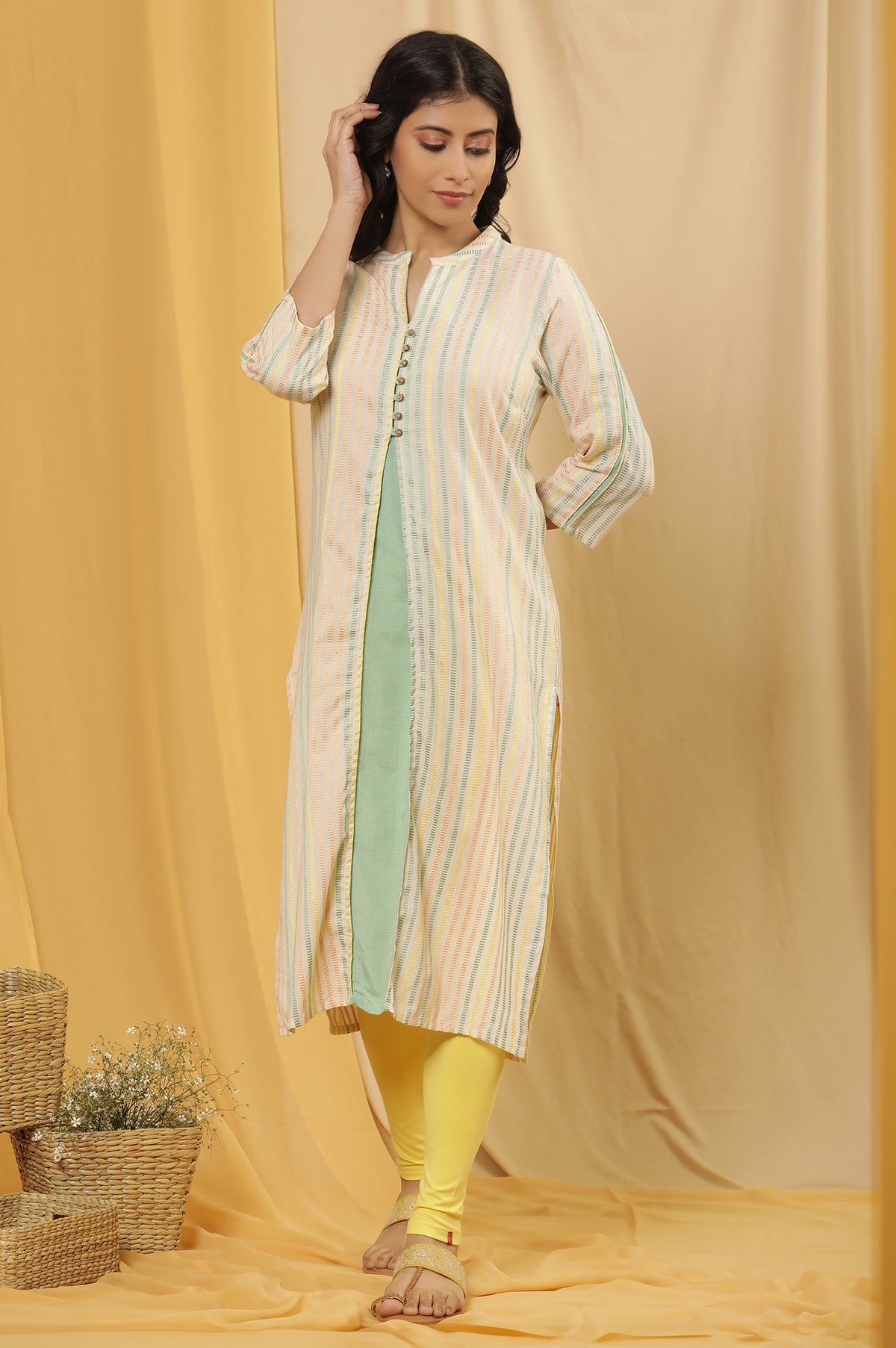 Ecru Striped Dobby Kurta And Tights Set - XS