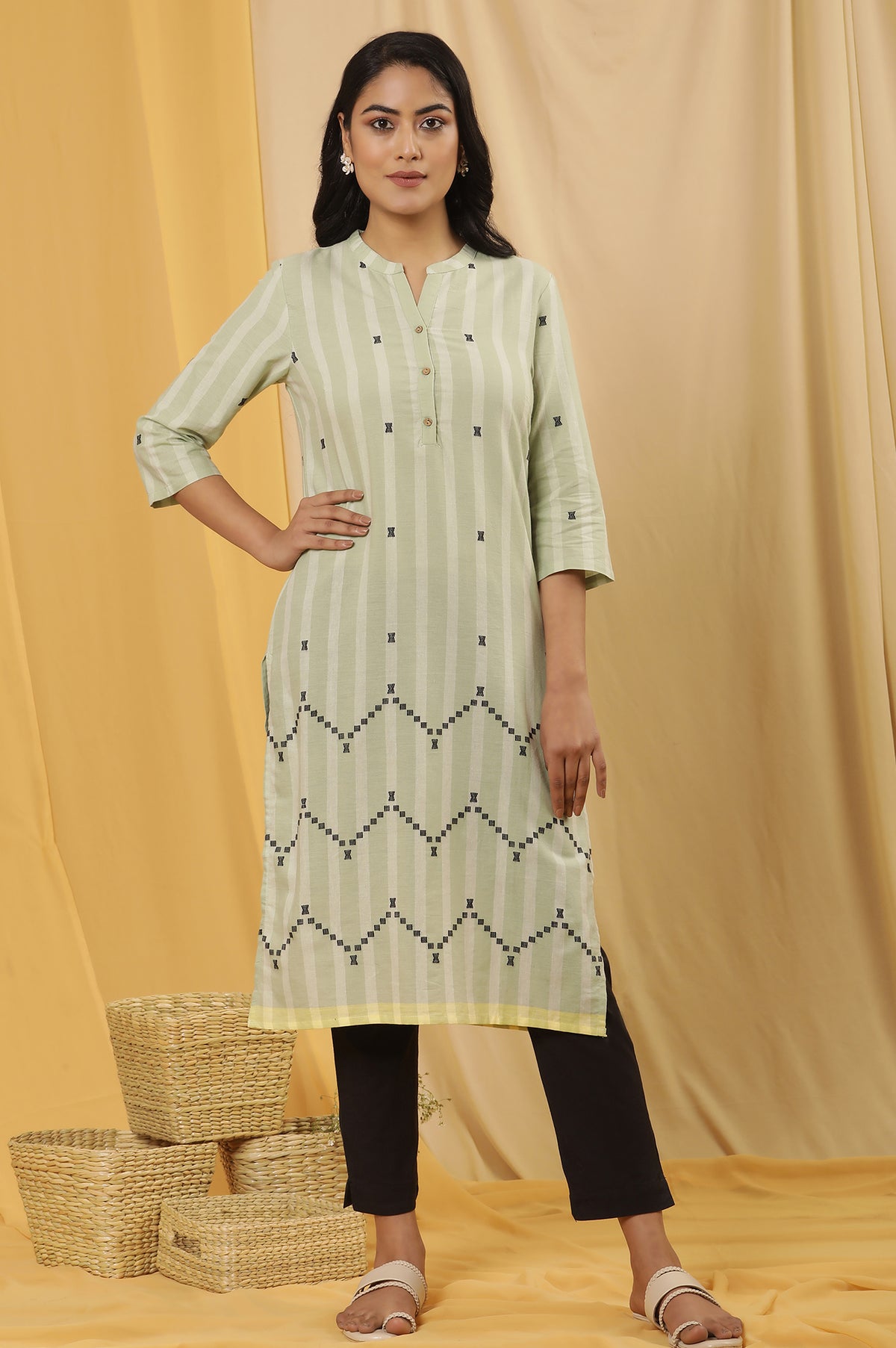 Light Green Dobby Straight Kurta And Trousers Set - XS