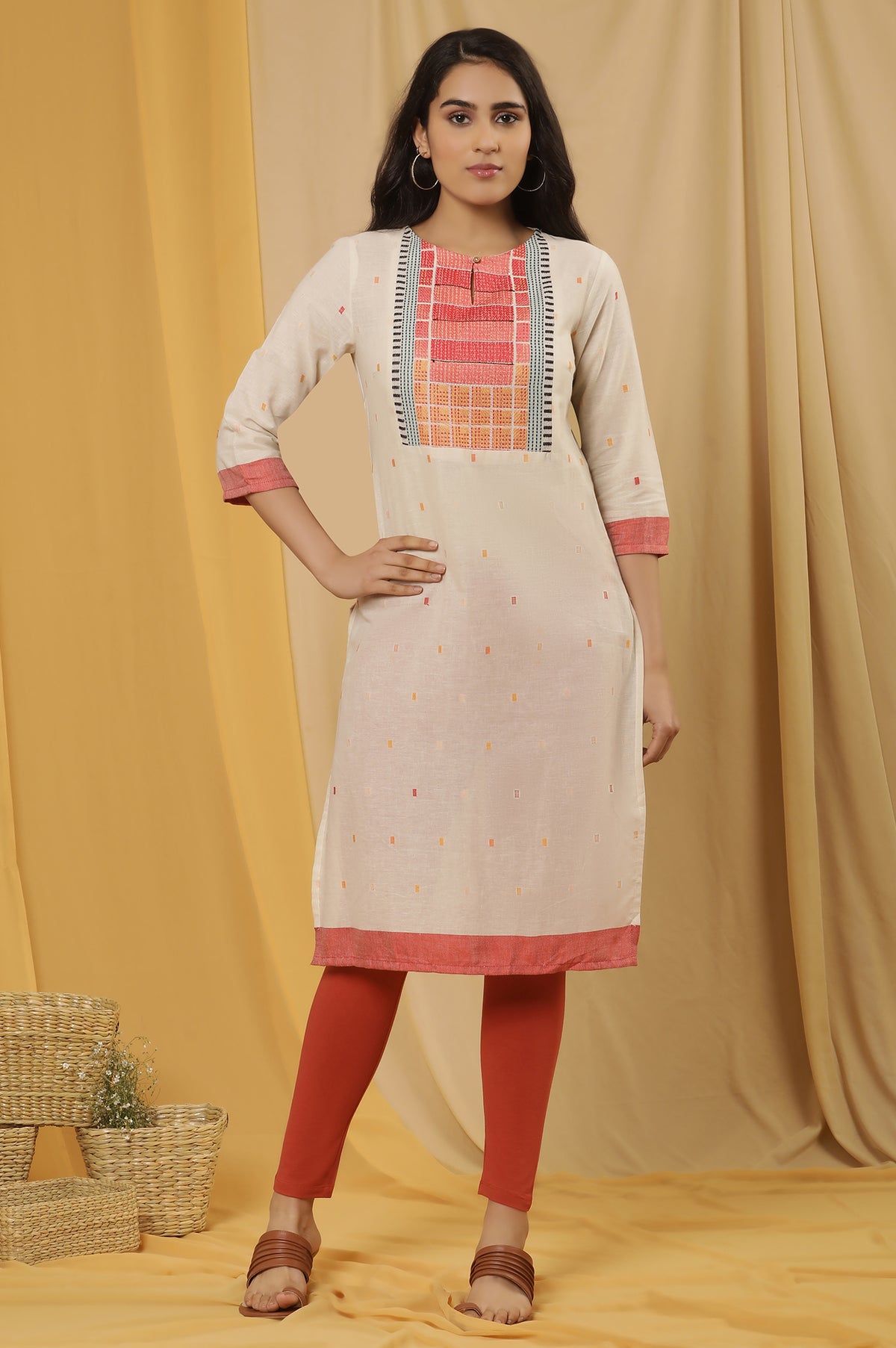 White Dobby Kurta With Multi-Coloured Yoke And Tights Set - XS