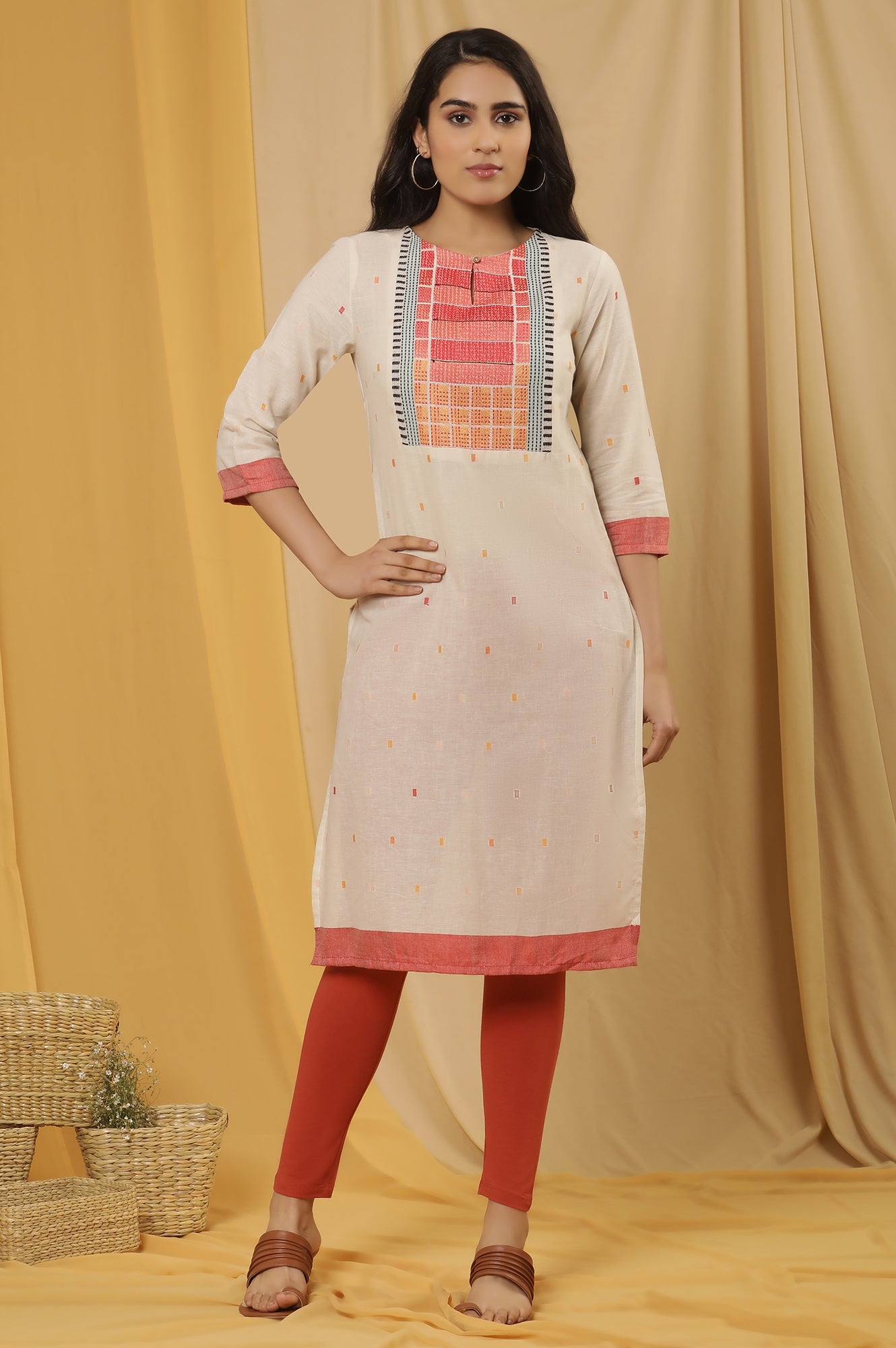 White Dobby Kurta With Multi-Coloured Yoke And Tights Set