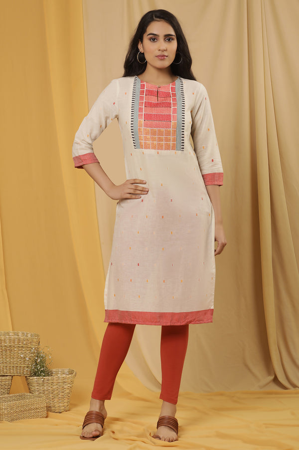 White Dobby Kurta With Multi-Coloured Yoke And Tights Set